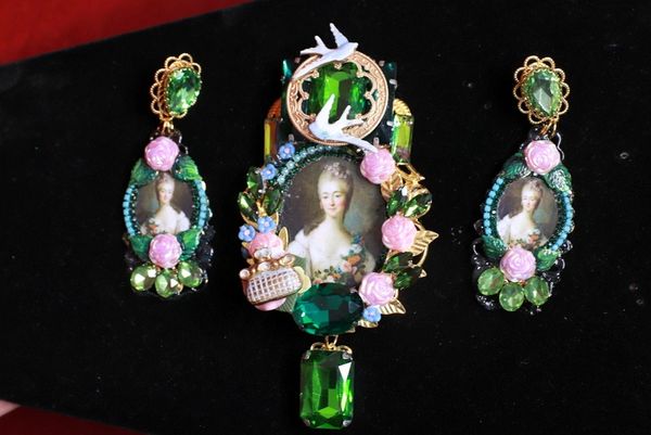 SOLD! 9023 Set of Brooch+ Earrings Madam Bovary Victorian Swallows Hand Painted