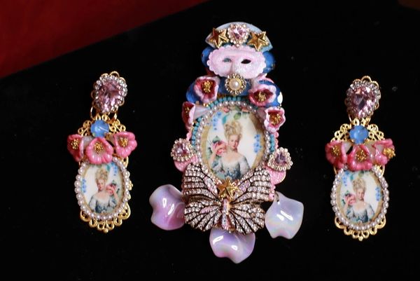 SOLD! 9022 Set of Brooch+ Earrings Young Marie Antoinette Victorian Mask Hand Painted