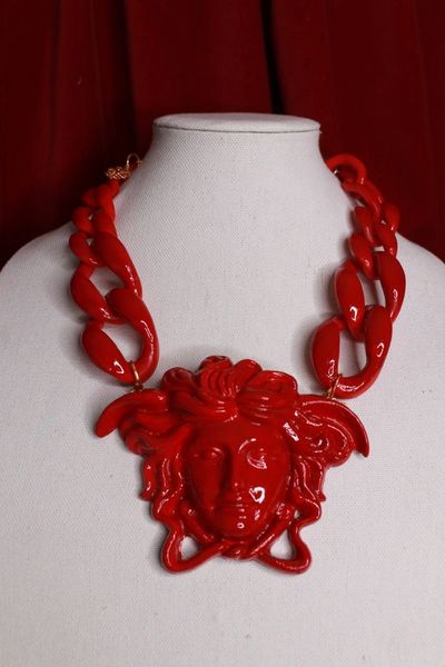 9053 Unisex Mythological Roman Head Chained RED Huge Necklace