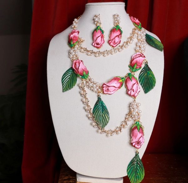 SOLD! 9057 Set Of Roses Flower Cabochon Pearl Necklace+ Earrings