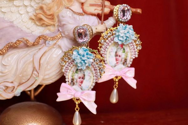 SOLD! 9058 Victorian Marie Antoinette Blue Flower Bow Studs Earrings