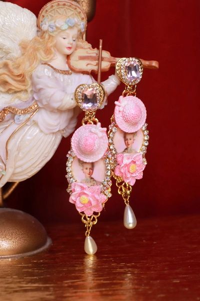 SOLD! 9059 Victorian Young Marie Antoinette Pink Hat Studs Earrings