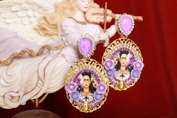 SOLD! 9072 Frida Kahlo Purple Flowers Studs Earrings