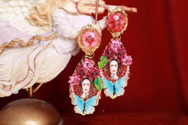 SOLD! 9073 Frida Kahlo Butterfly Flowers Studs Earrings