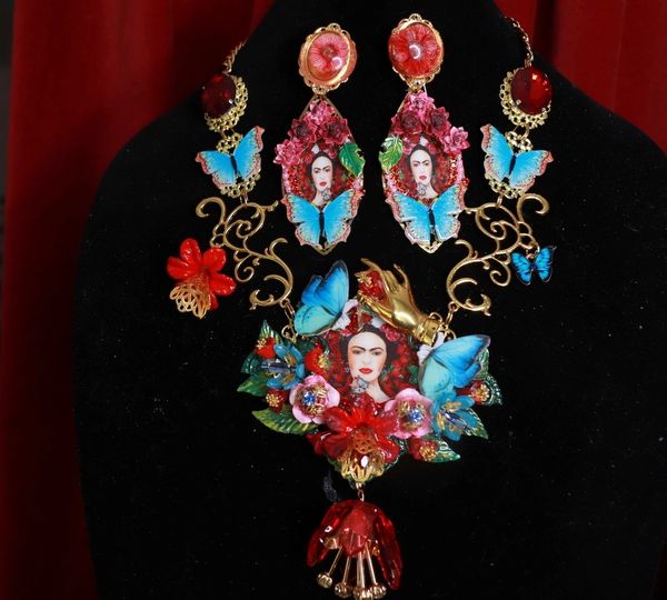 SOLD! 9074 Frida Kahlo Red Butterflies Stunning Necklace