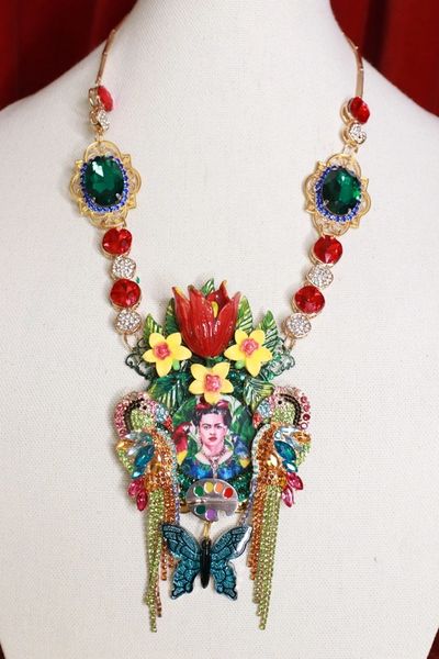 SOLD!9075 Frida Kahlo Parrots Jungle Necklace