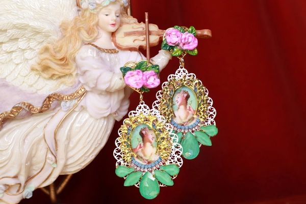 SOLD! 9080 Young Marie Antoinette Aqua Pink Roses Studs Earrings