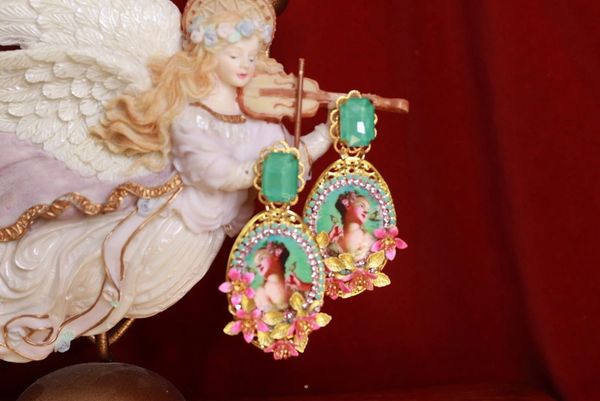 9081 Young Marie Antoinette Aqua Pink Roses Studs Earrings