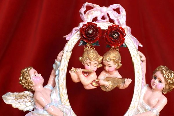 9093 Musical Baroque Hand Painted Vivid Red Roses Cherubs Earrings Studs