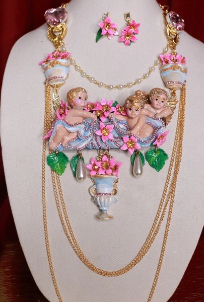 SOLD! 9094 Set Of Baroque Fuchsia Flowers Cherubs Angels Vases Roses Hand Painted Necklace+ Earrings