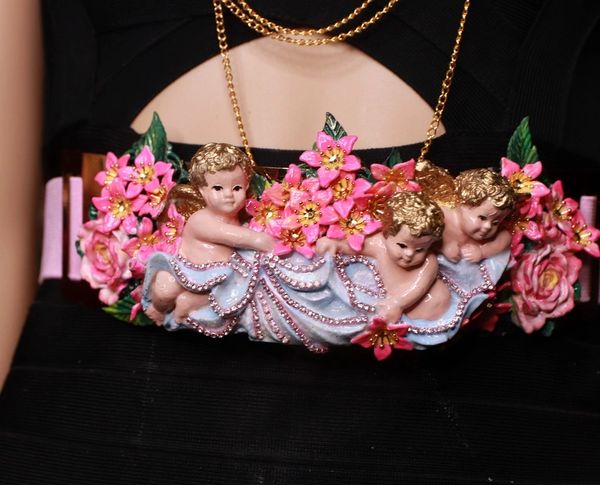 9095 Baroque Vintage Hand Painted Cherubs Angels Embellished Waist Gold Belt Size S, L, M
