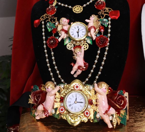 9097 Baroque Vintage Hand Painted Clock Cherubs Angels Embellished Waist Gold Belt Size S, L, M