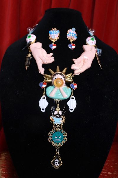 9099 Set Of Patriotic Covid Terror 3D Effect Unusual Hand Painted Necklace+ Earrings