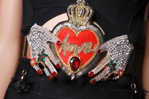 9100 Baroque Sacred Heart Crystal Hands Appliques Embellished Waist Gold Belt Size S, L, M