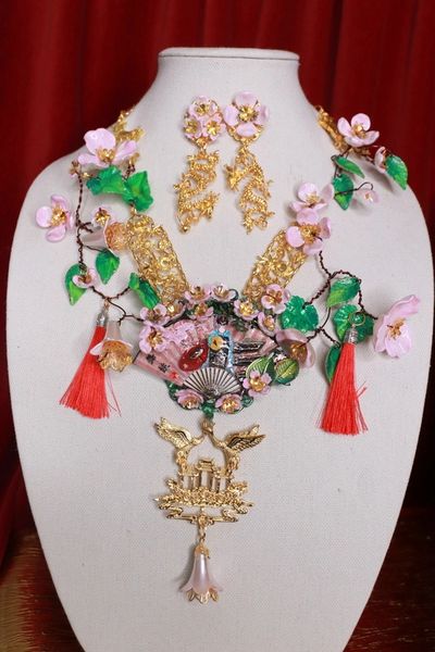 SOLD! 9101 Set Of Japanese Revival Sakura Hand Painted Necklace+ Earrings