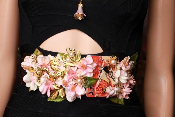 9102 Asian Japanese Revival Sakura Blossom Embellished Waist Gold Belt Size S, L, M