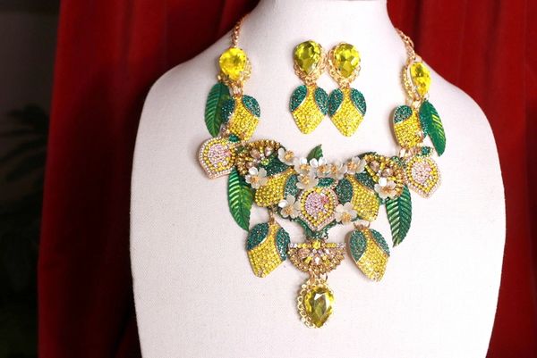 SOLD! 9110 Set Of Baroque Rhinestone Sicilian Lemon Fruit Necklace+ Earrings