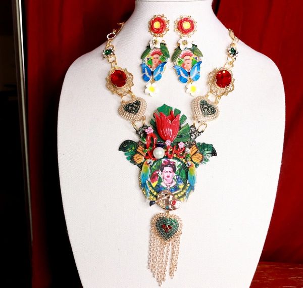 SOLD! 9113 Frida Kahlo Parrots Jungle Necklace