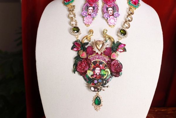 SOLD! 9114 Frida Kahlo Fuchsia Flowers Sacred Heart Necklace