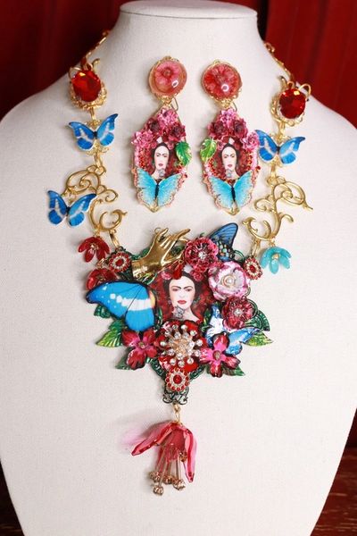 SOLD! 9115 Frida Kahlo Red Butterflies Stunning Necklace