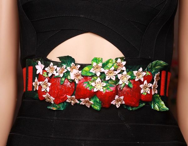 9118 Baroque Strawberry Hand Painted Embellished Waist Gold Belt Size S, L, M