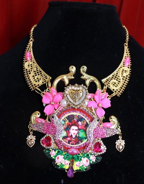 SOLD! 9119 Frida Kahlo Fuchsia Birds Stunning Necklace