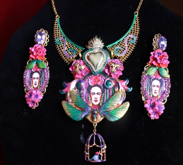 SOLD! 9120 Frida Kahlo Fuchsia Dragonfly Stunning Necklace