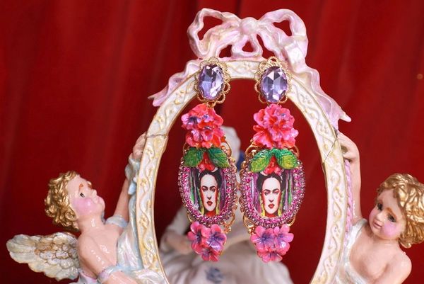 SOLD! 9124 Frida Kahlo Fuchsia Flowers Cameo Earrings