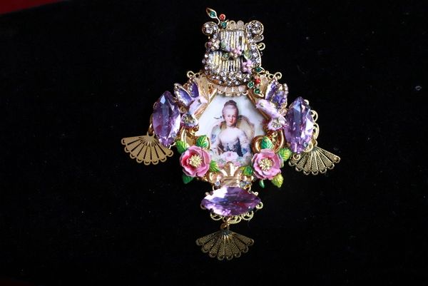 SOLD! 9125 Young Marie Antoinette Hummingbirds Purple Huge Brooch