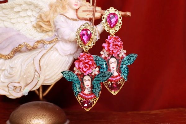 SOLD! 9133 Frida Kahlo Butterfly Hand Painted Earrings