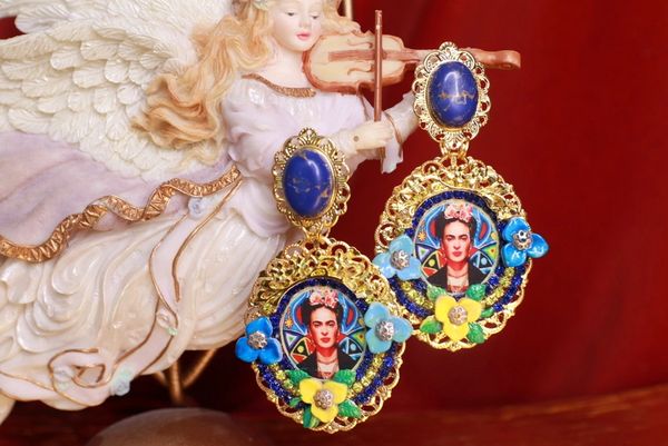 SOLD! 9134 Frida Kahlo Abstract Blue Hand Painted Earrings