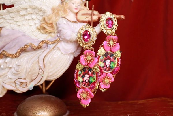 SOLD! 9135 Frida Kahlo Fuchsia Hand Painted Earrings