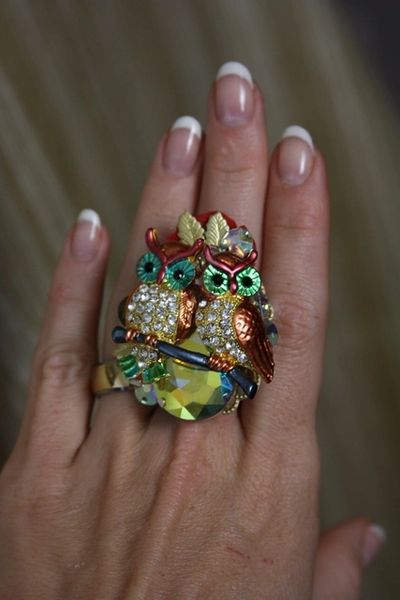 SOLD! 1038 Victorian Enamel Adorable Pair Of Owl Cocktail Adjustable Ring