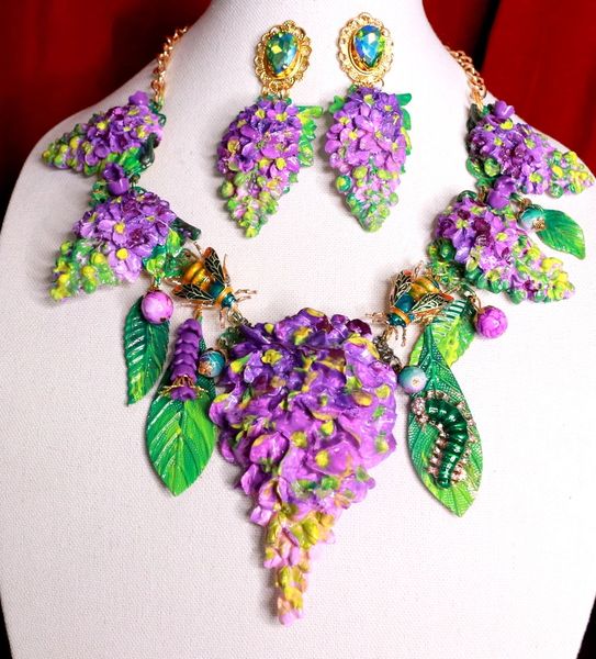 SOLD! 9139 Set Of Huge Hand Painted Wisteria Hand Painted Necklace+ Earrings