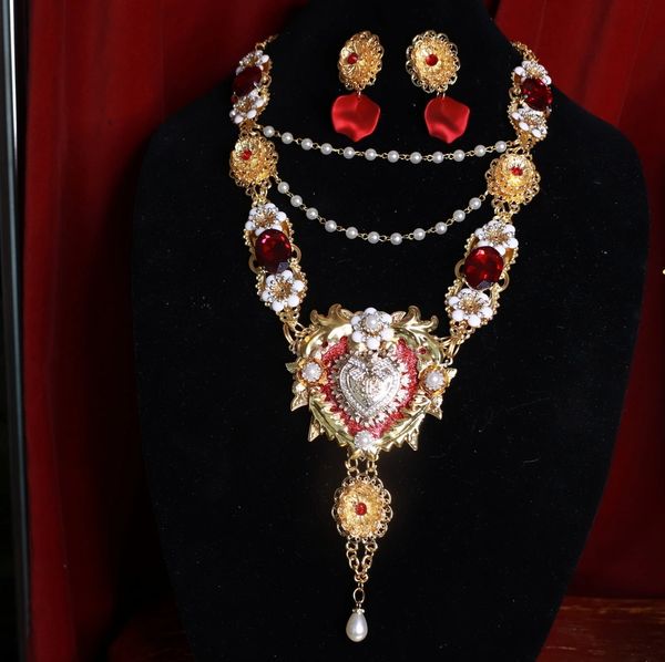 SOLD! 9141 Set Of Huge Alta Moda Sacred Heart Necklace+ Earrings