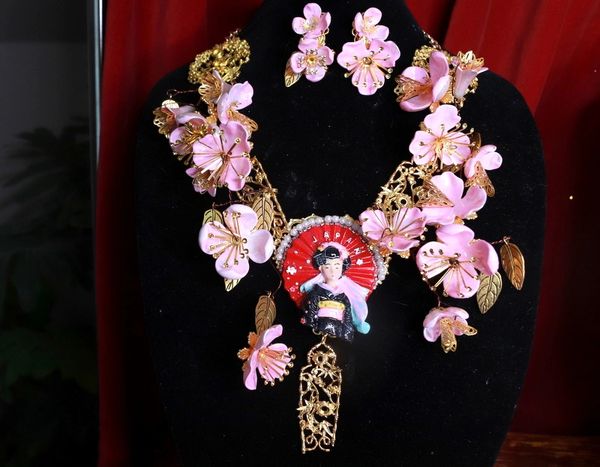 SOLD! 9142 Set Of Japanese Revival Sakura Hand Painted Necklace+ Earrings