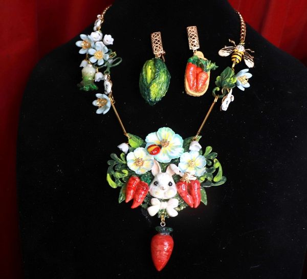 SOLD! 5714 Set Of Adorable Hand Painted Vivid Bunny Carrots Flower Massive Necklace+ Earrings