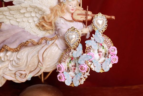 SOLD! 9160 Marie Antoinette Aqua Pink Roses Butterfly Studs Earrings