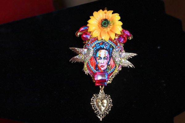 9165 Frida Kahlo Enamel Abstract Sunflower Huge Brooch