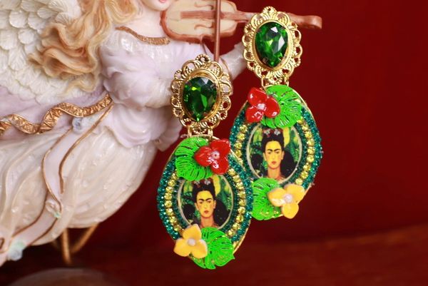 9169 Frida Kahlo Green Jungle Hand Painted Earrings