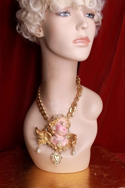 SOLD! 9176 Huge Baroque Cherub Angel Hand Painted Sacred Heart Massive Necklace