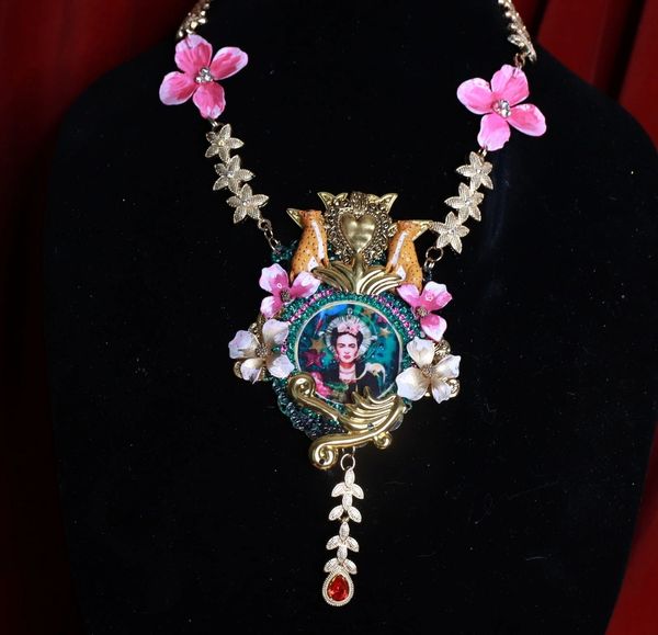 SOLD! 9186 Frida Kahlo Leopards Sacred Heart Fuchsia Stunning Necklace