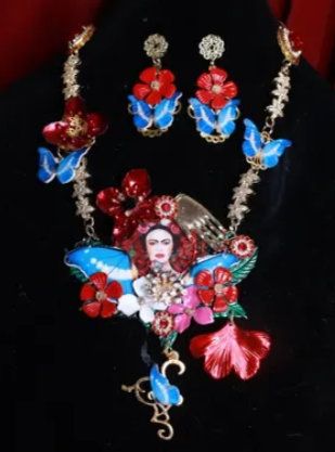 SOLD! 9187 Set Of Frida Kahlo Red Butterflies Stunning Necklace+ Earrings