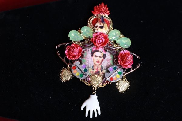 9192 Frida Kahlo Enamel Parrots Jungle Sacred Heart Palette Huge Brooch