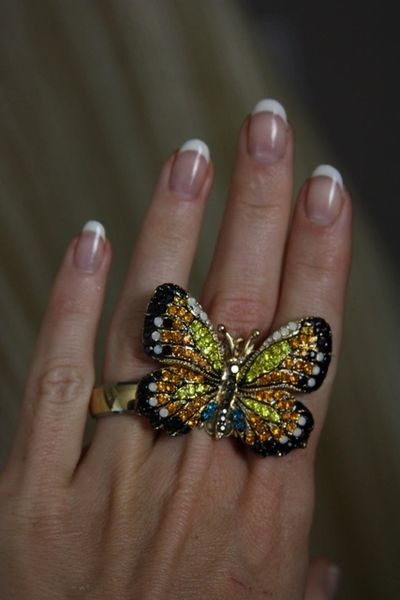 SOLD! 1044 Victorian Enamel Crystal Butterfly Huge Cocktail Adjustable Ring