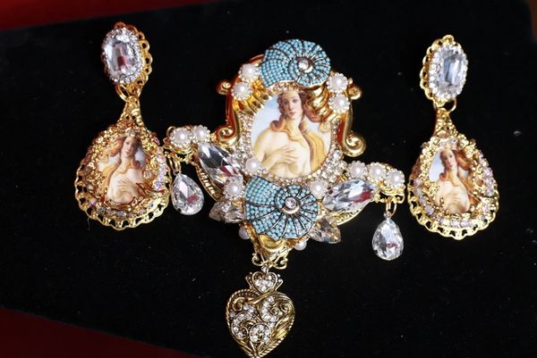 9193 Set of Brooch+ Earrings Botticelli VictorianHand Painted