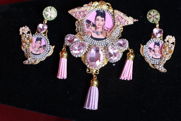 SOLD! 9194 Set Of Audrey Hepburn Champagne Massive Pin Brooch+ Earrings