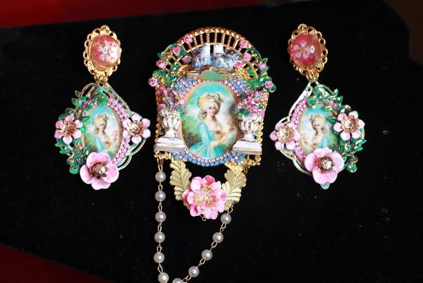 SOLD! 9207 Set Of Brooch+ Earrings Marie Antoinette Aqua Garden