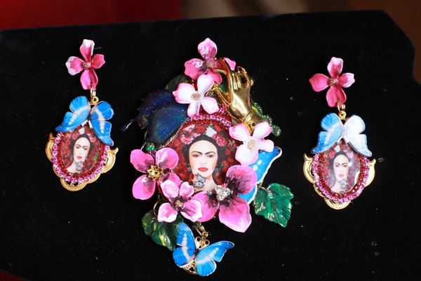 SOLD! 9210 Set Of Frida Kahlo Enamel Butterfly Huge Brooch+ Earrings