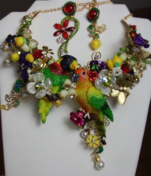 SOLD! 1046 Zibellini SET 3 D Effect Art Nouveau Vivid Parrots Enamel Flower Unique Crystal Set Necklace Choker Plus Earrings